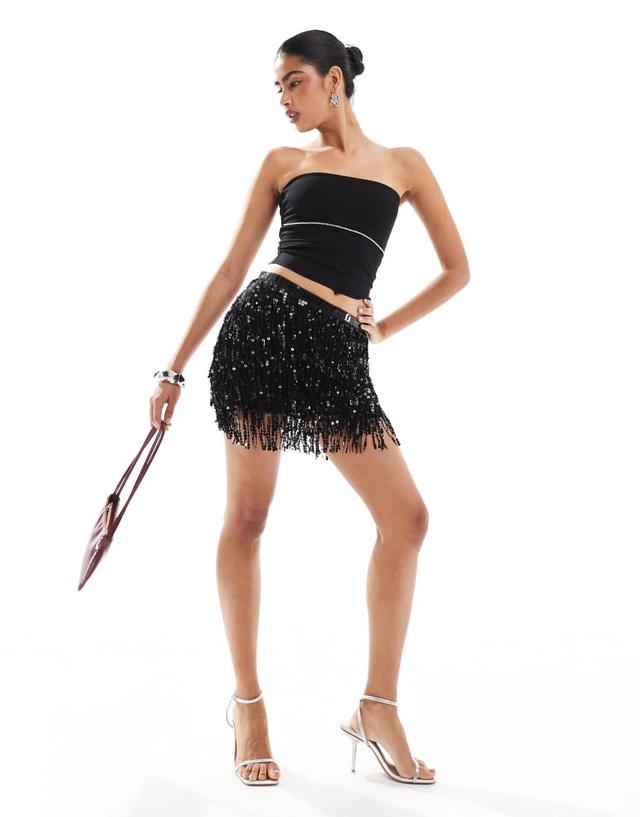 Pull&Bear sequin tassel mini skirt in black Product Image