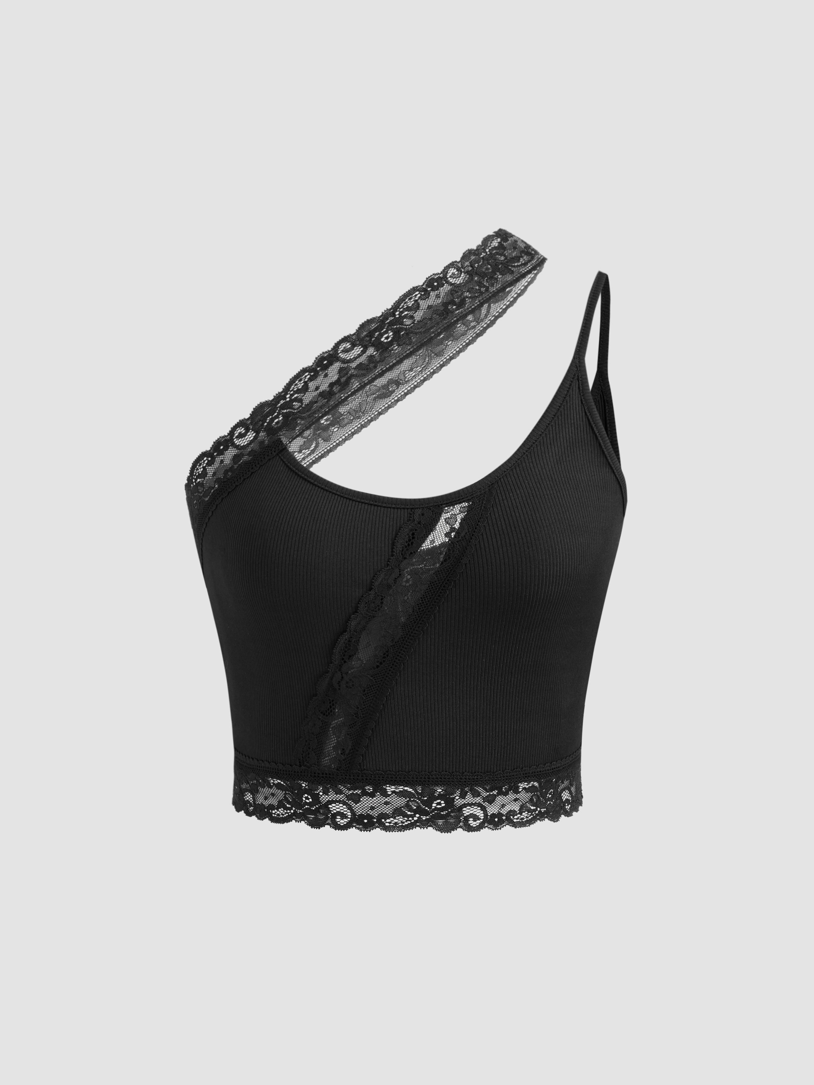 Jersey Asymmetrical Neck Lace Crop Top Product Image