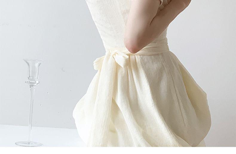 Short-Sleeve V-Neck Plain Tie Waist Midi A-Line Dress Product Image