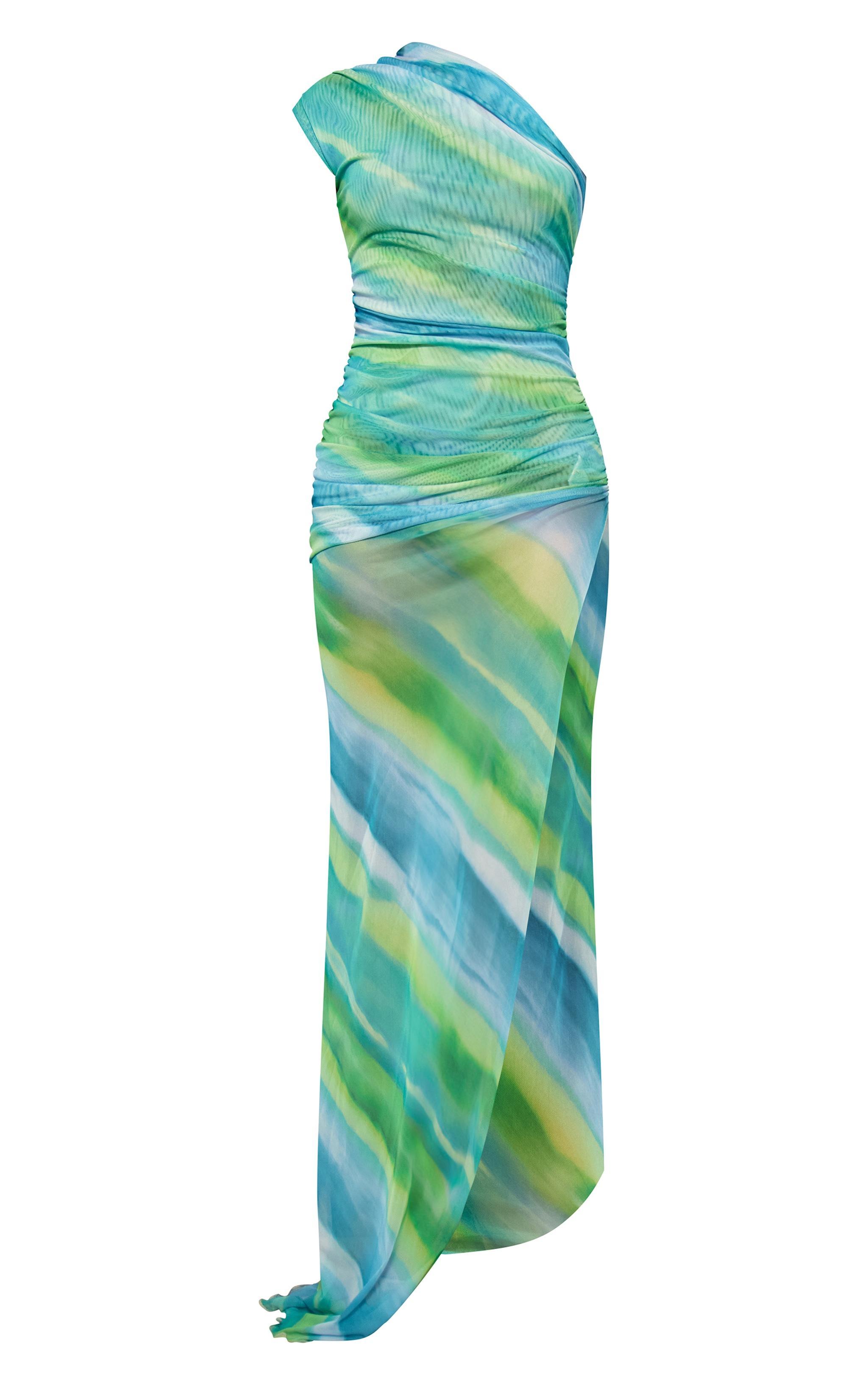 Multi Printed Mesh Ruched One Shoulder Thigh Split Maxi Dress Product Image