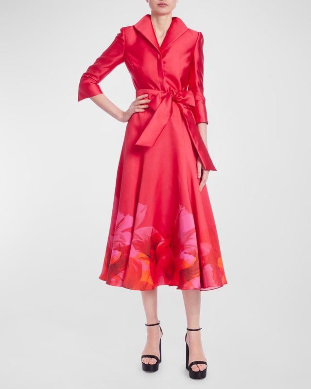 3/4-Sleeve Belted Floral-Print Midi Shirtdress Product Image