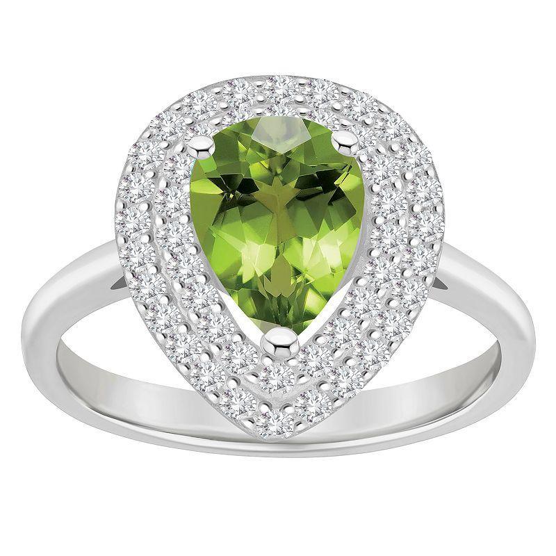 Celebration Gems Sterling Silver Teardrop Peridot & White Topaz Double Halo Ring, Womens Green Product Image