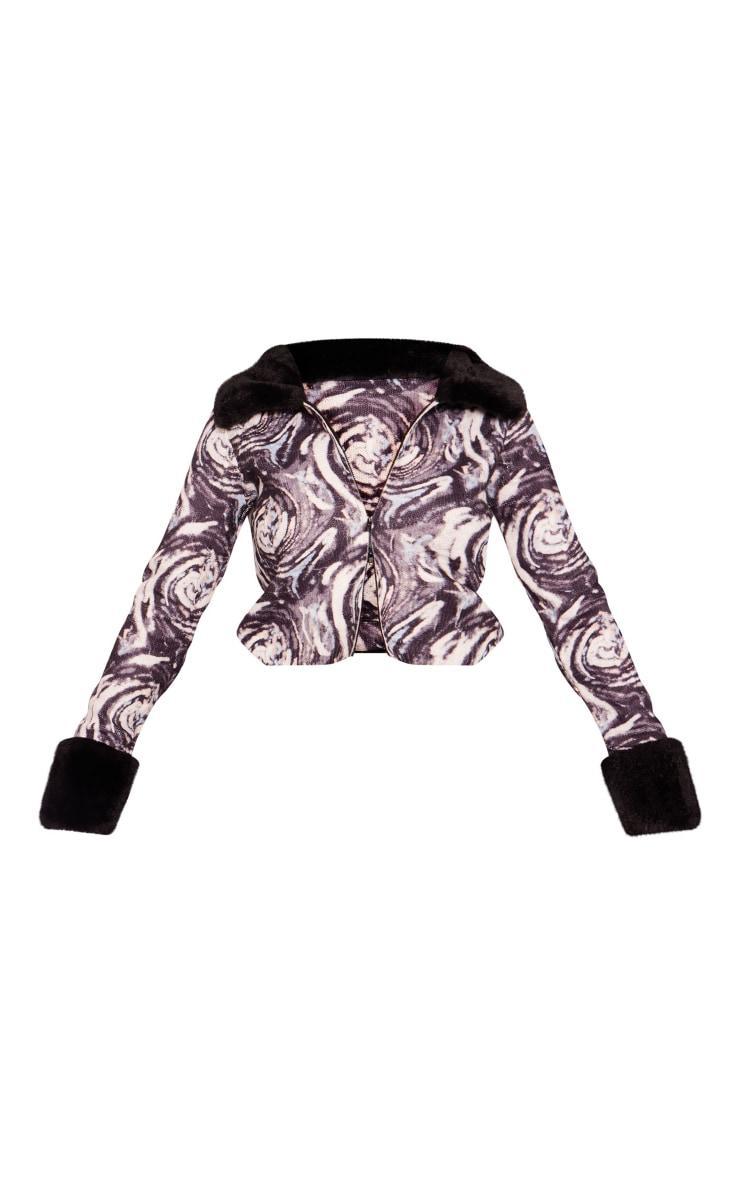  Monochrome Swirl Print Faux Fur Zip Up Knit Cardigan Product Image