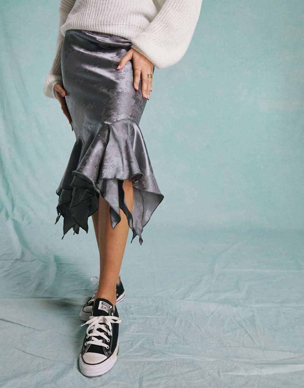 Miss Selfridge satin jacquard asymmetric hem midaxi skirt in gunmetal gray Product Image