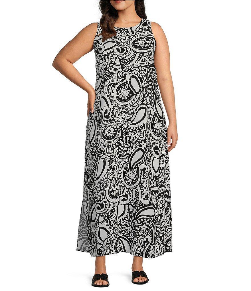 Slim Factor by Investments Plus Size Monotone Stencil Print Sleeveless Crew Neck Maxi Dress Product Image