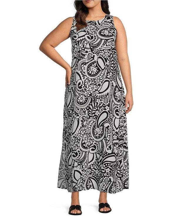 Slim Factor by Investments Plus Size Monotone Stencil Print Sleeveless Crew Neck Maxi Dress Product Image