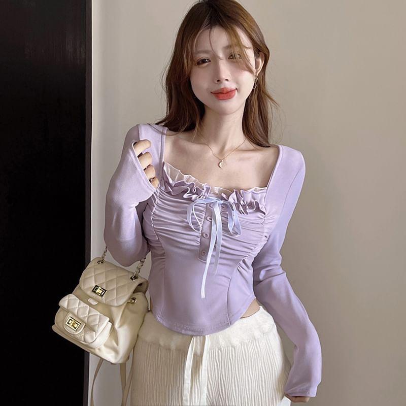 Long Sleeve Square Neck Plain Bow Ruffle Button Top Product Image