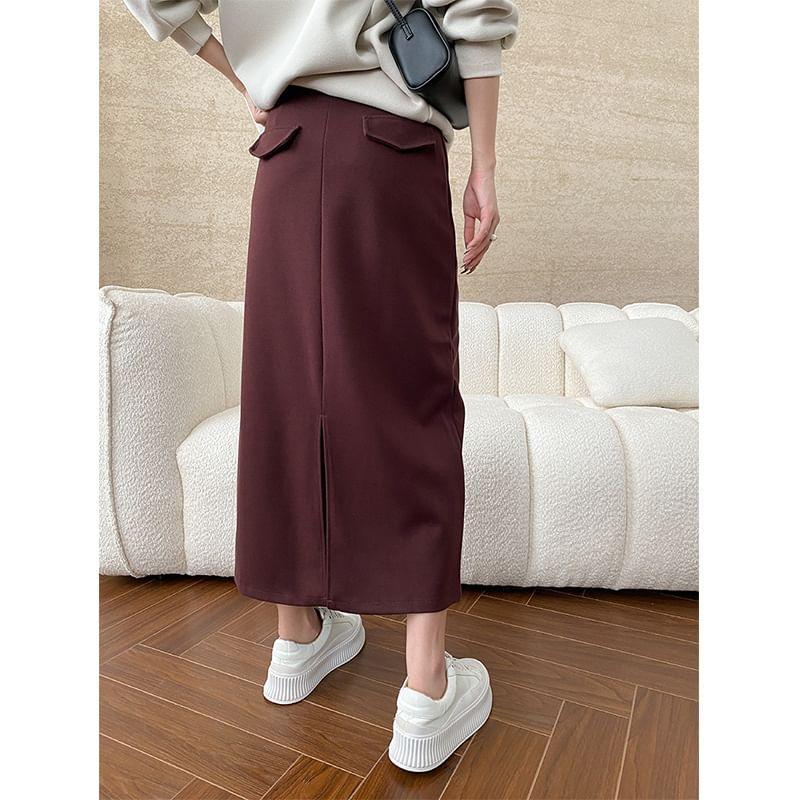 High Rise Plain Slit Midi A-Line Skirt Product Image