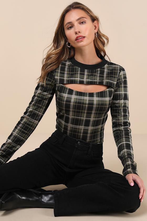 Iconic Aspect Black and Green Plaid Cutout Long Sleeve Top Product Image