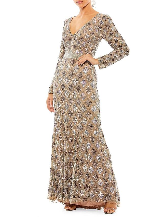 Womens Lattice Sequin Long-Sleeve Gown Product Image