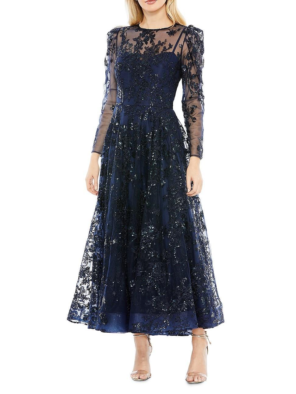 Womens Embroidered Illusion High-Neck A-Line Gown Product Image