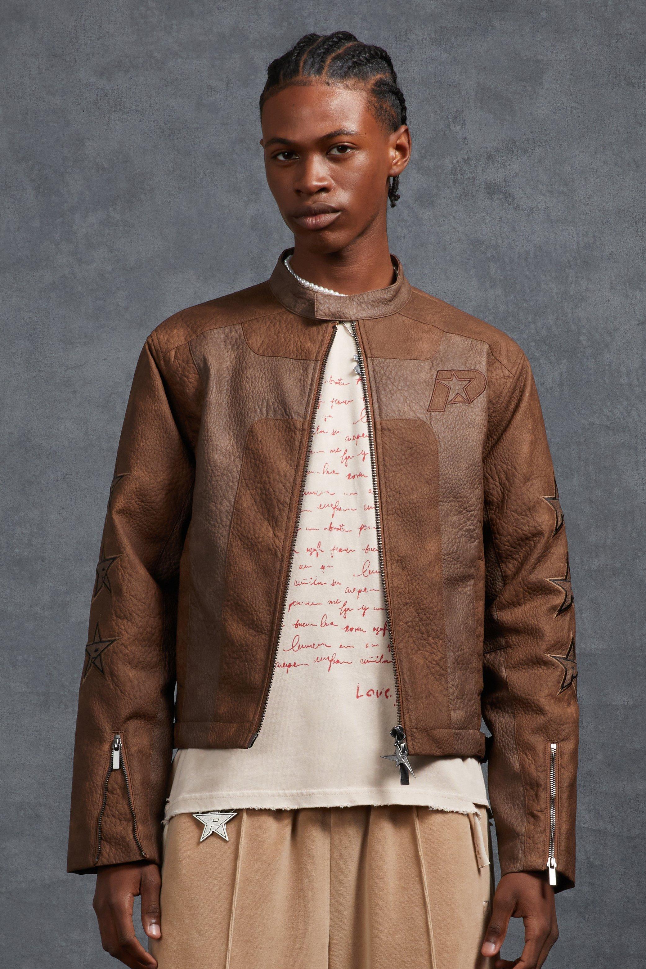 P-Star Boxy Faux Leather Panelled MOTO Jacket | boohooMAN USA Product Image