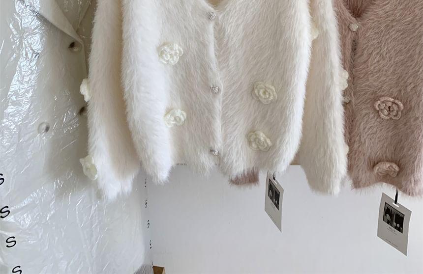 V-Neck Floral Detail Fluffy Button Cardigan Product Image