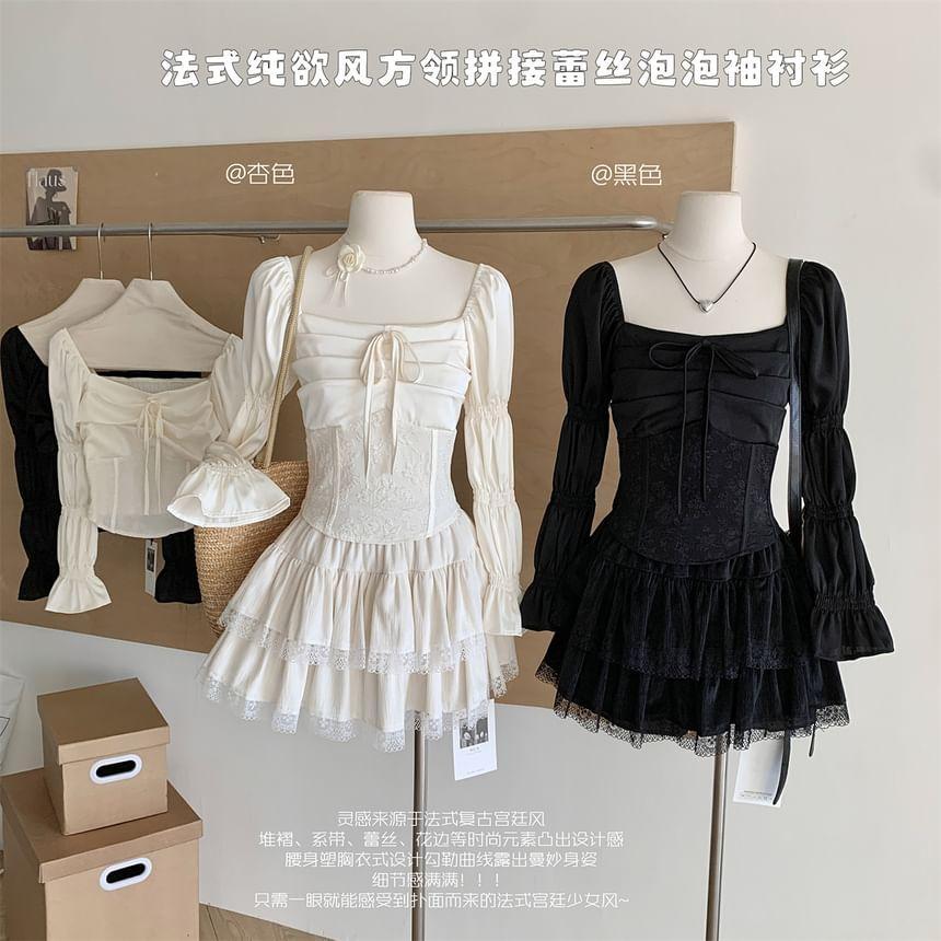 Long-Sleeve Square Neck Plain Mini A-Line Dress Product Image