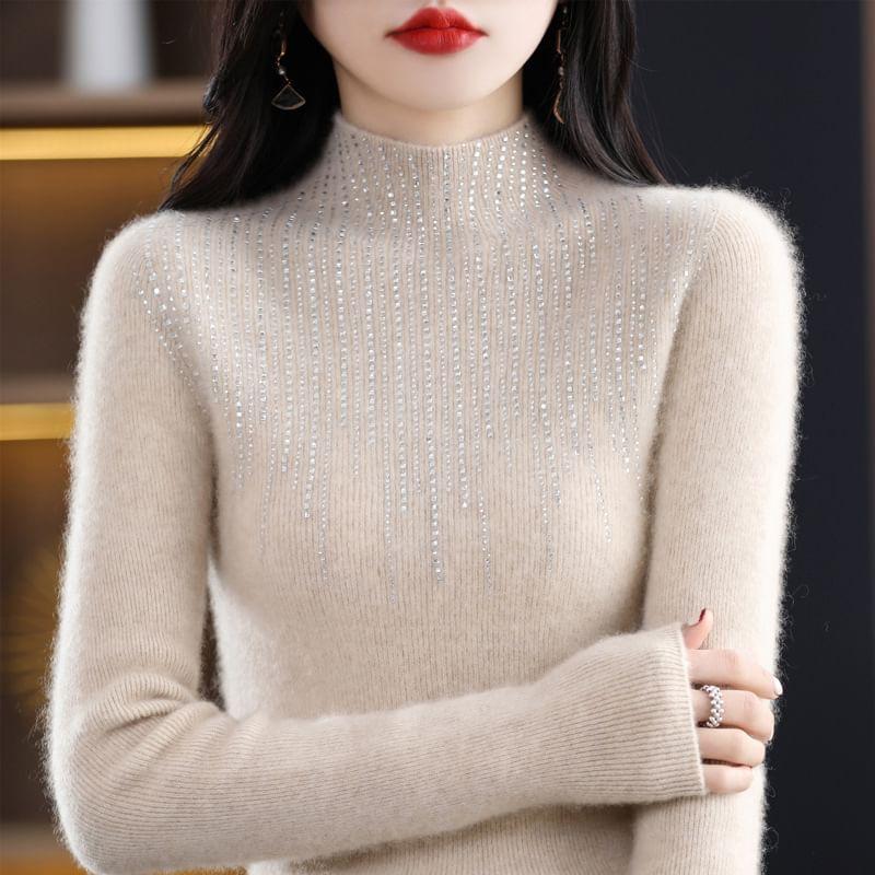 Mock Neck Plain Rhinestone Sweater Product Image