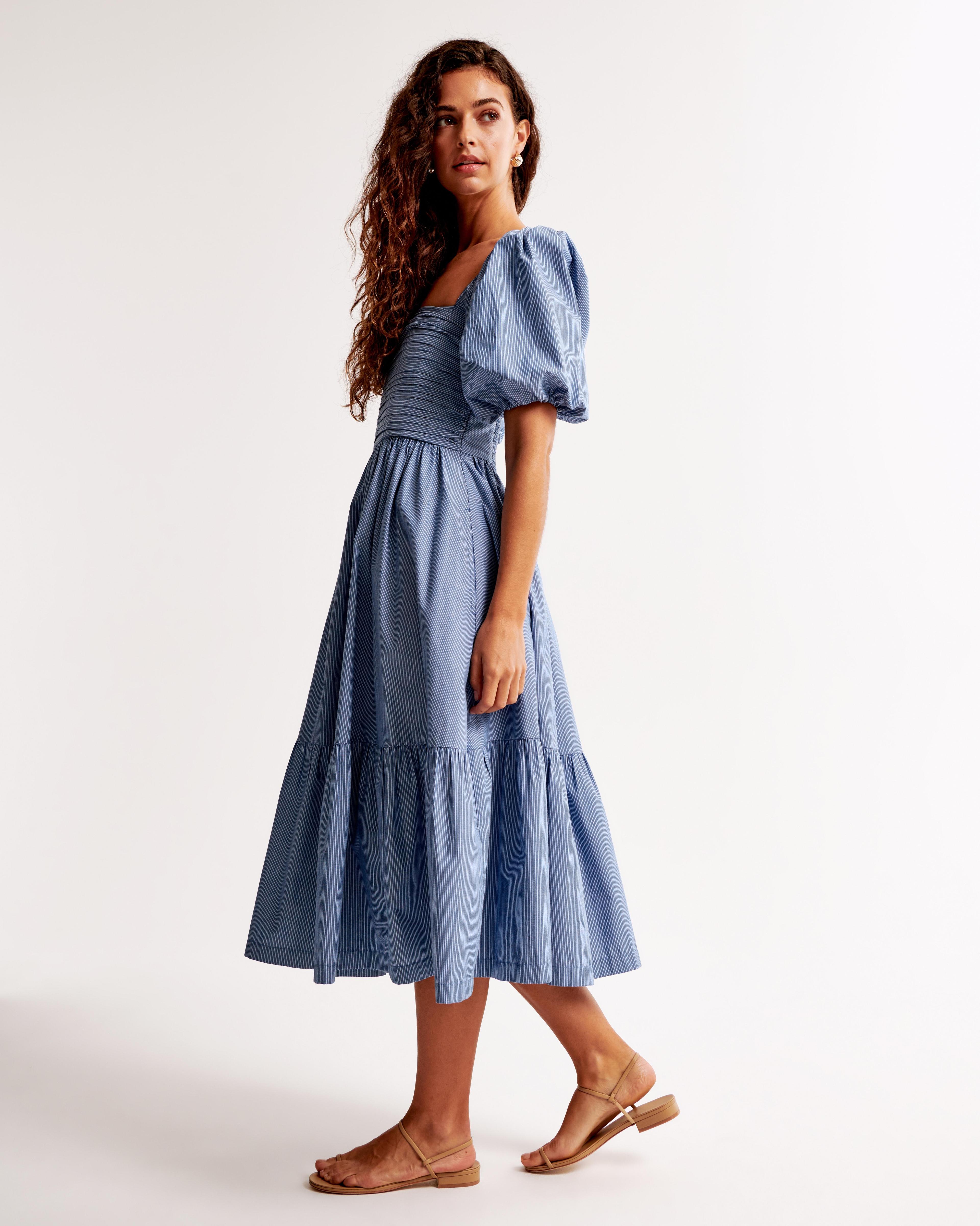 The A&F Emerson Poplin Puff Sleeve Midi Dress Product Image