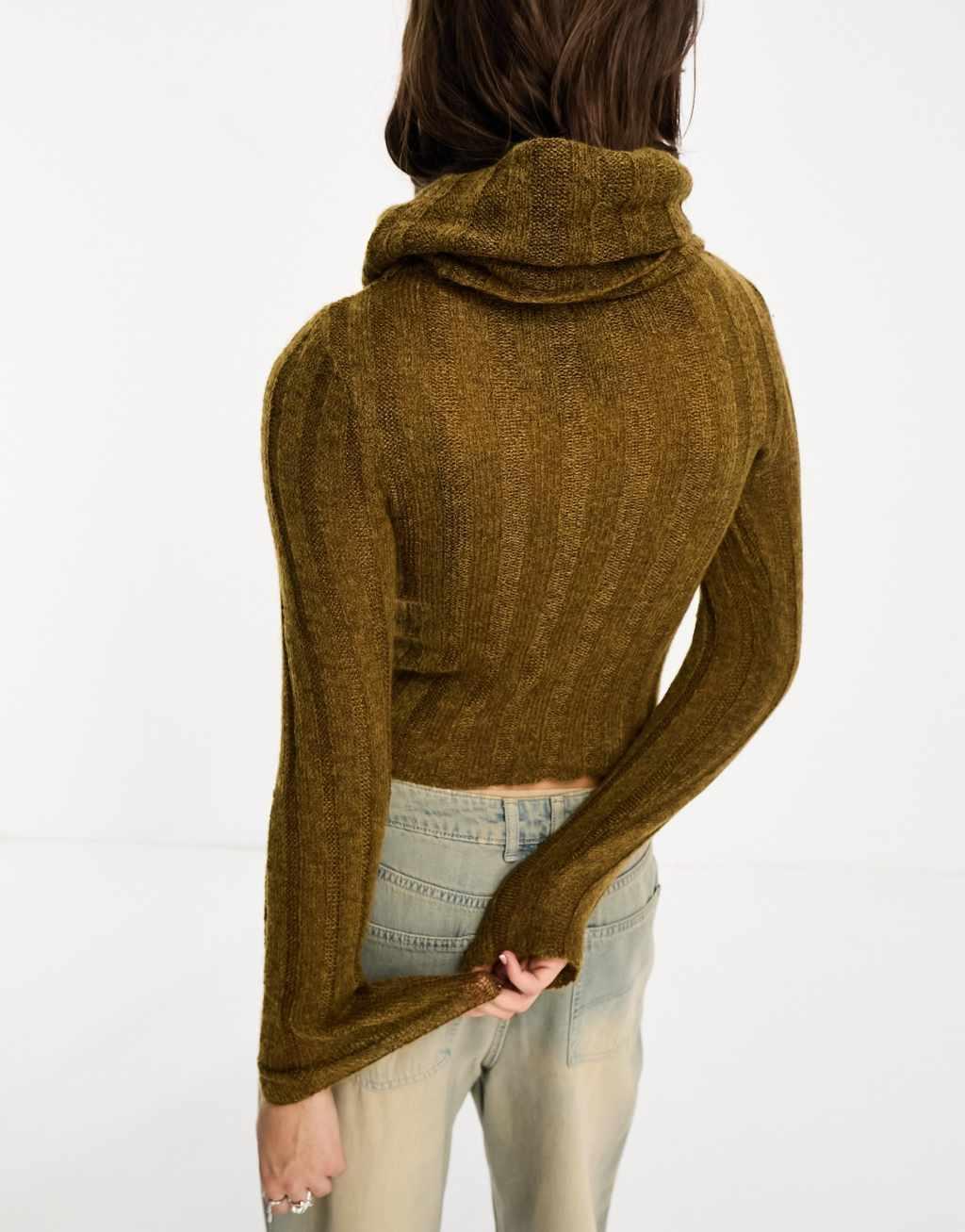 ASOS DESIGN knitted top with cowl neck and hood in rib in khaki Product Image