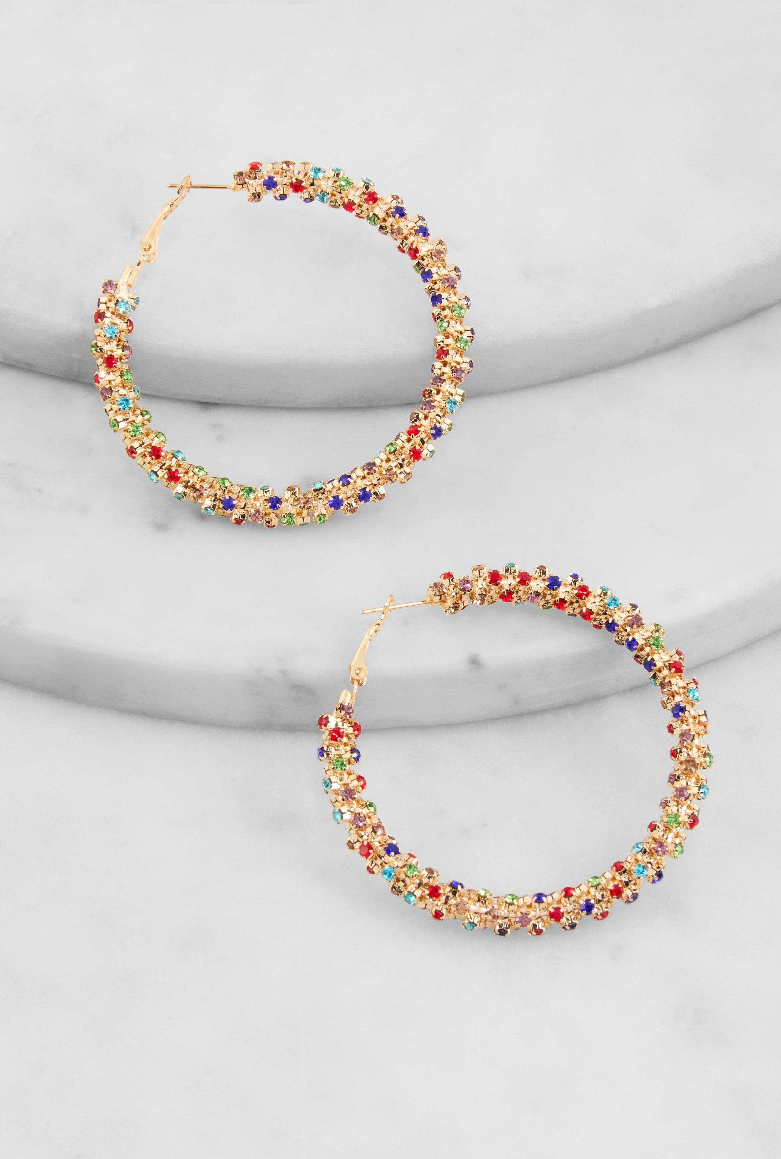 Womens Textured Rhinestone Embellished Hoop Earrings Product Image