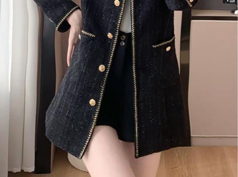 Round Neck Tweed Button Up Coat Product Image