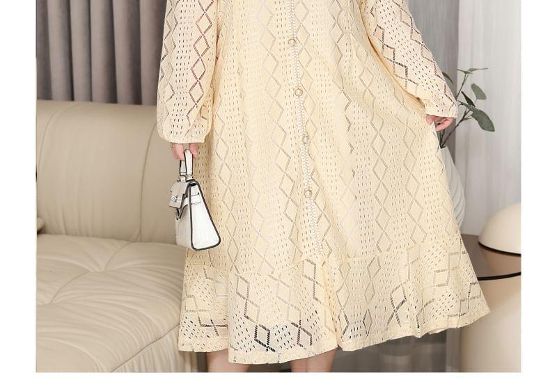 Plus Size Puff-Sleeve V-Neck Patterned Midi Smock Dress Product Image