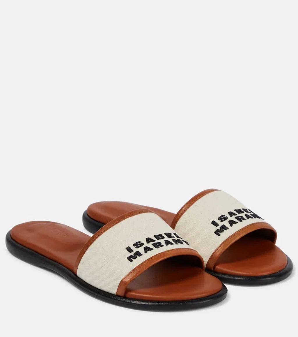 Vikee Logo-embroidered Canvas And Leather Slides In Beige Product Image