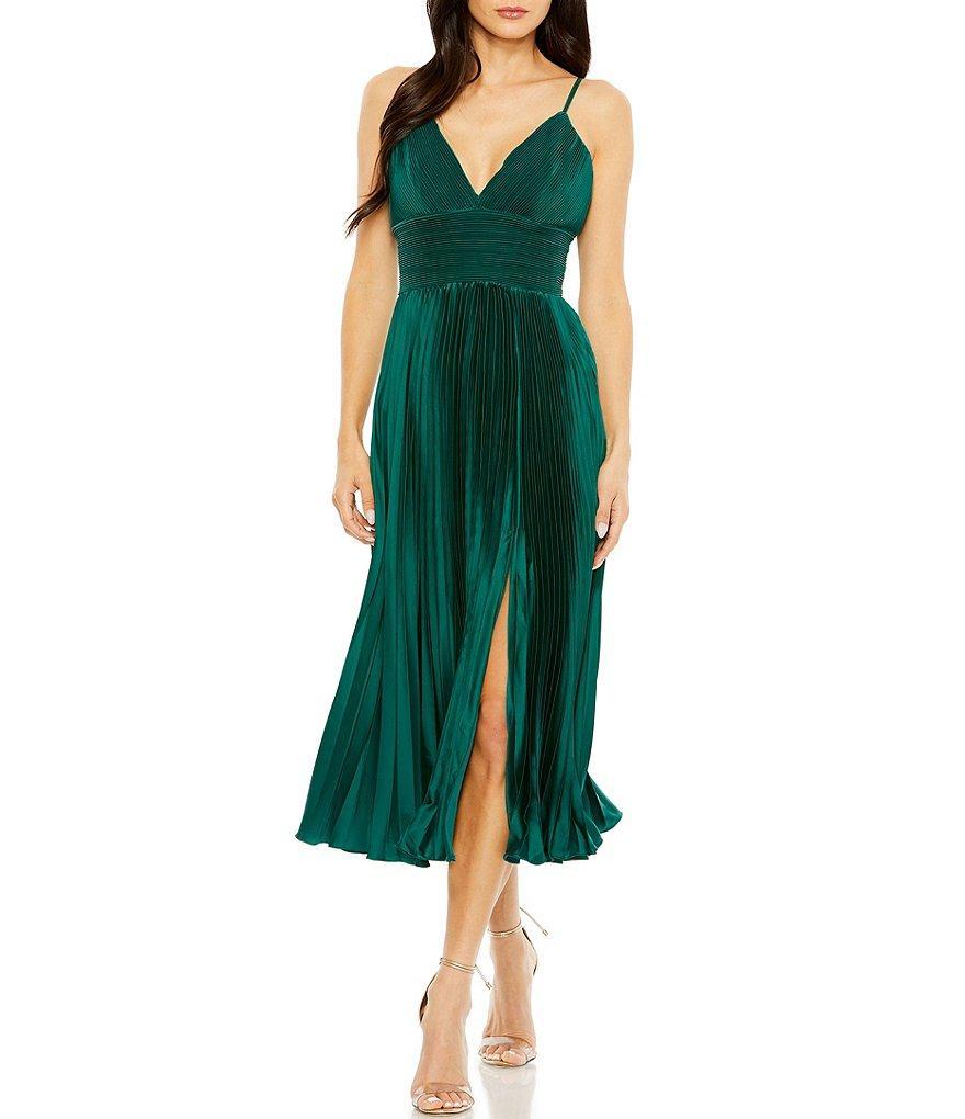 Mac Duggal Satin Pleated V-Neck Sleeveless Midi Dress Product Image