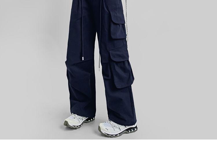 Drawstring Waist Plain Wide Leg Cargo Pants (Various Designs) Product Image