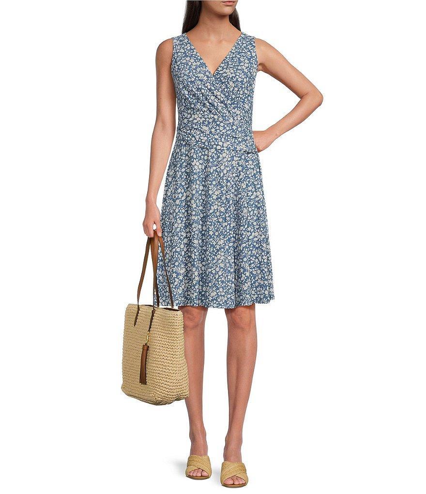 Lauren Ralph Lauren Jersey Ditsy Floral Surplice V-Neck Sleeveless Faux Wrap Dress Product Image