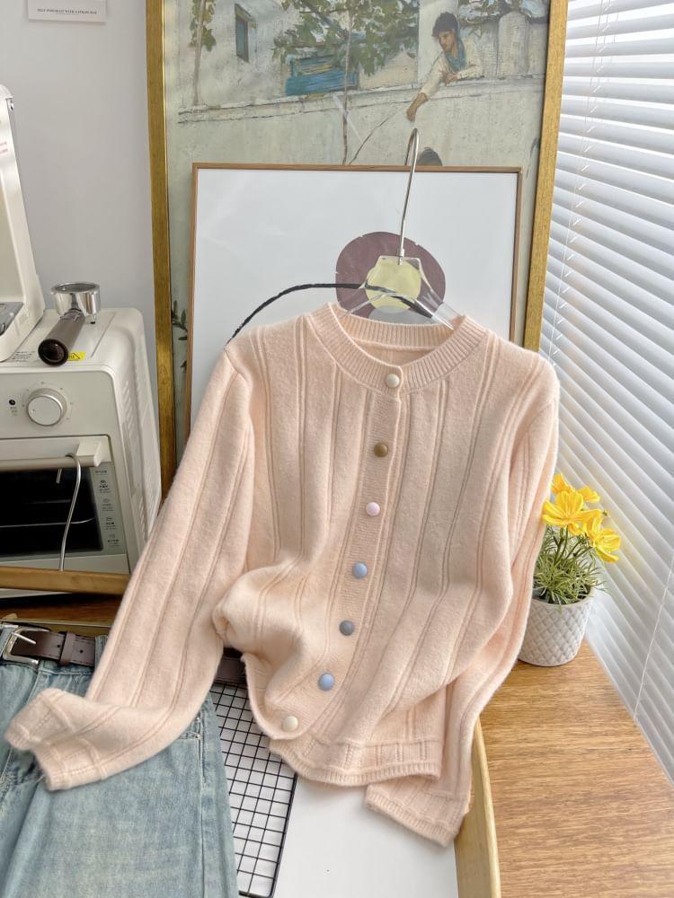 Crew Neck Plain Button-Up Cardigan Product Image