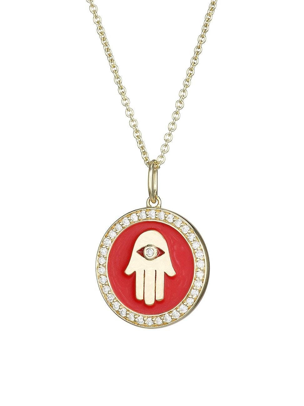 14K Yellow Gold, Diamond & Enamel Hand Pendant Necklace Product Image