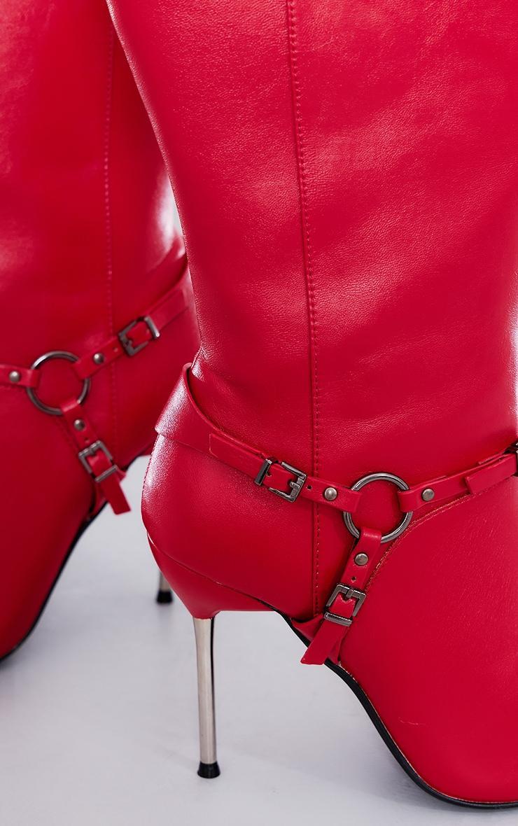 Red Faux Leather Point Toe Buckle Strap Heeled Ankle Boots Product Image