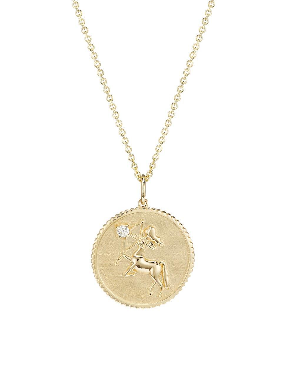 Womens 14K Yellow Gold & Diamond Large Zodiac Medallion Pendant Necklace Product Image