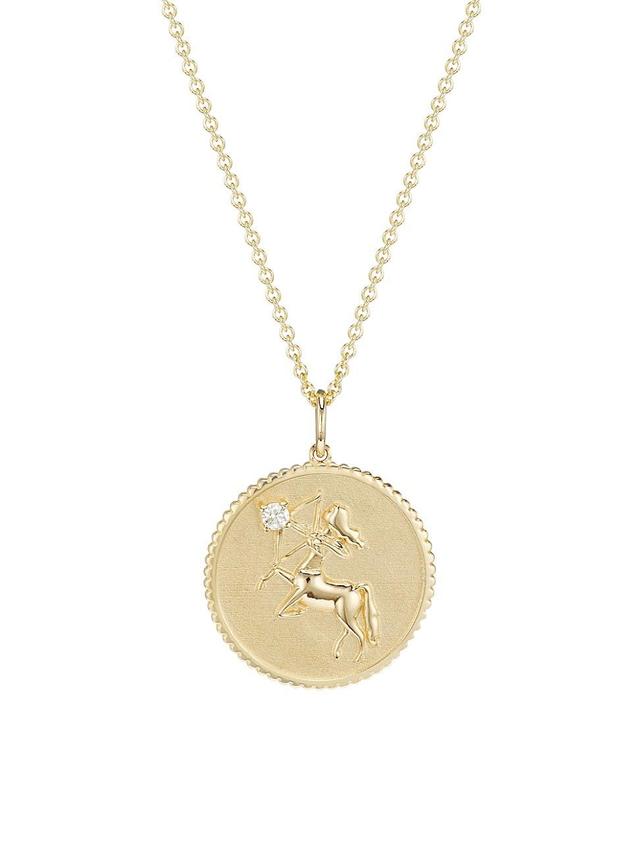 Womens 14K Yellow Gold & Diamond Large Zodiac Medallion Pendant Necklace Product Image