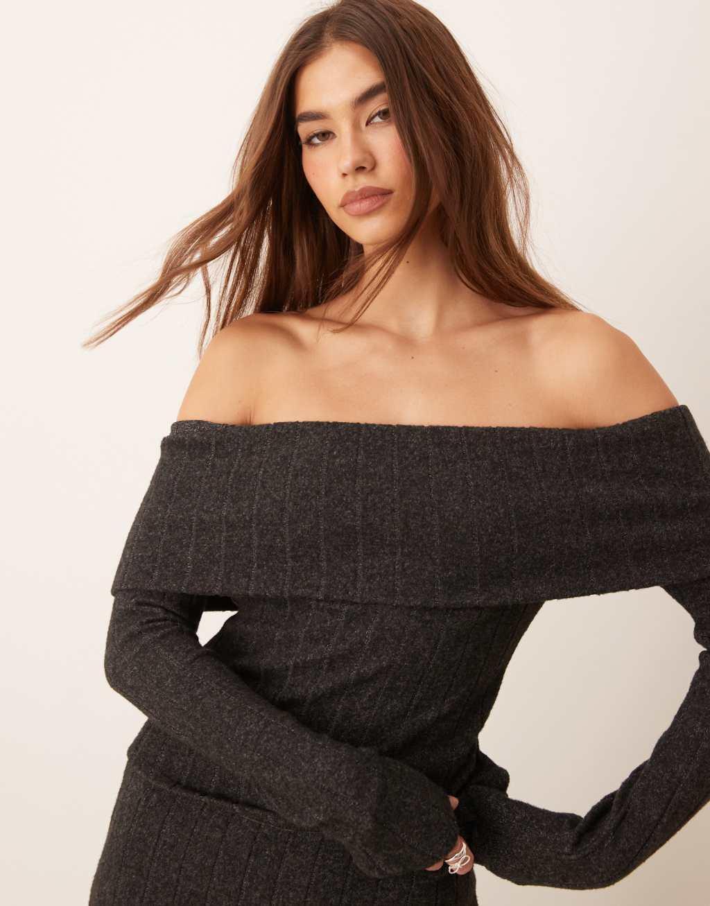 Miss Selfridge chunky brushed ribbed off the shoulder top Product Image