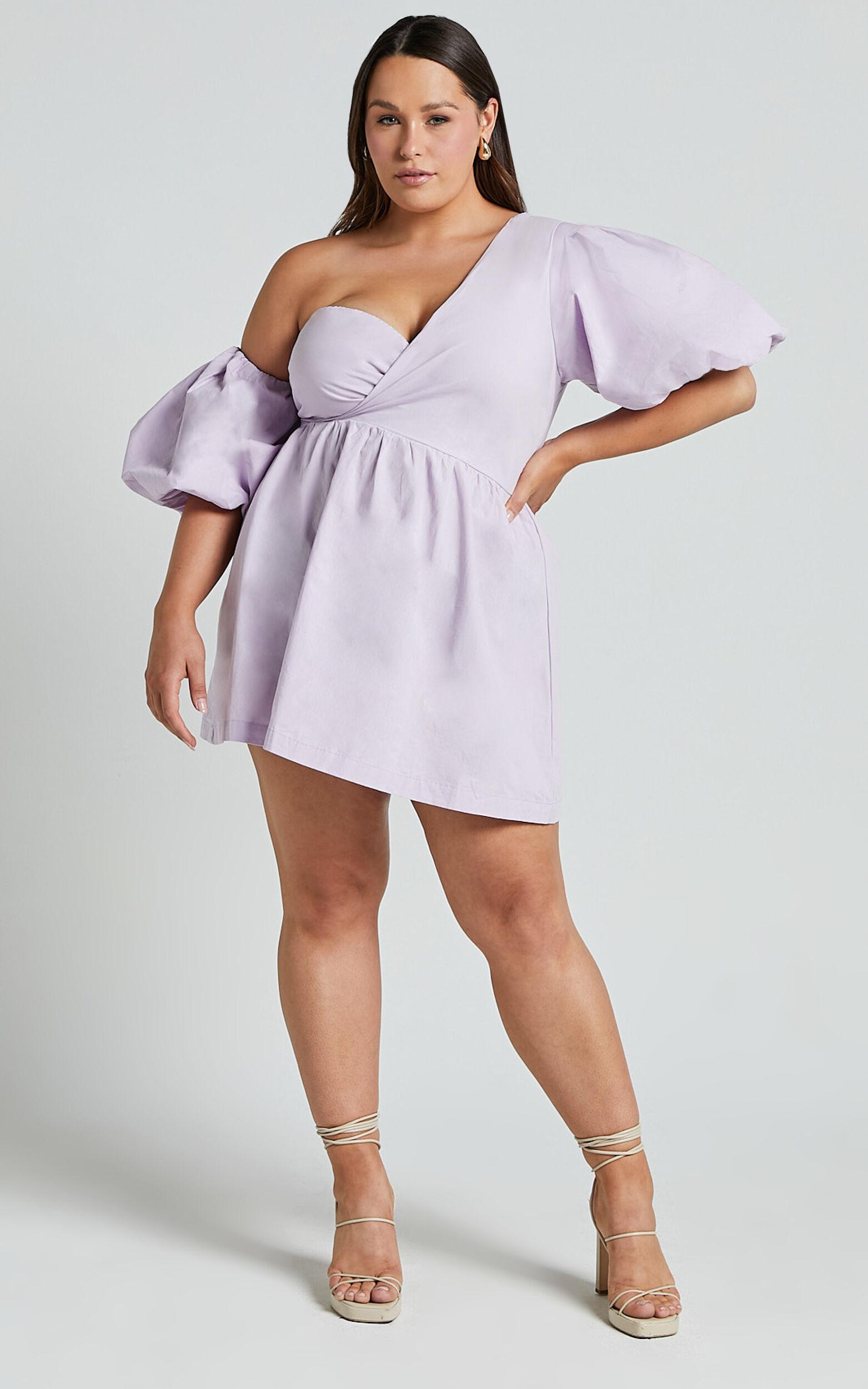 Sula Mini Dress - Asymmetric Off One Shoulder Puff Sleeve Dress in Lilac Product Image