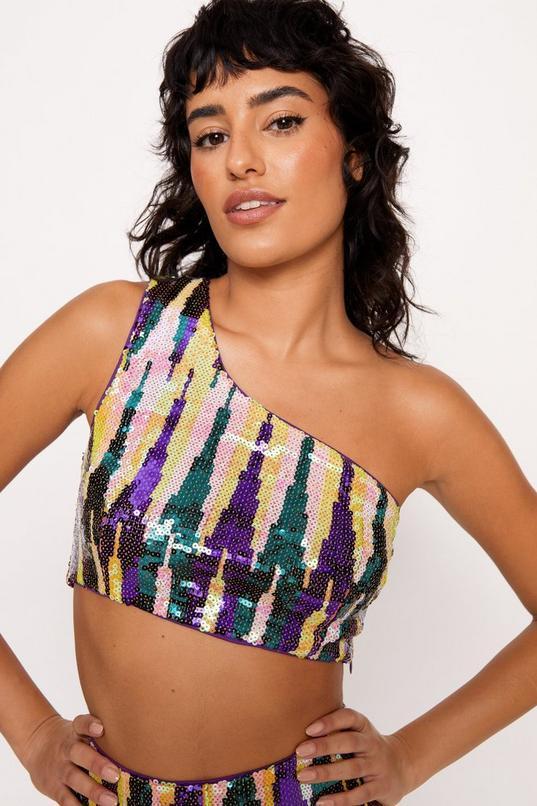 Stripe Sequin One Shoulder Crop Top Product Image