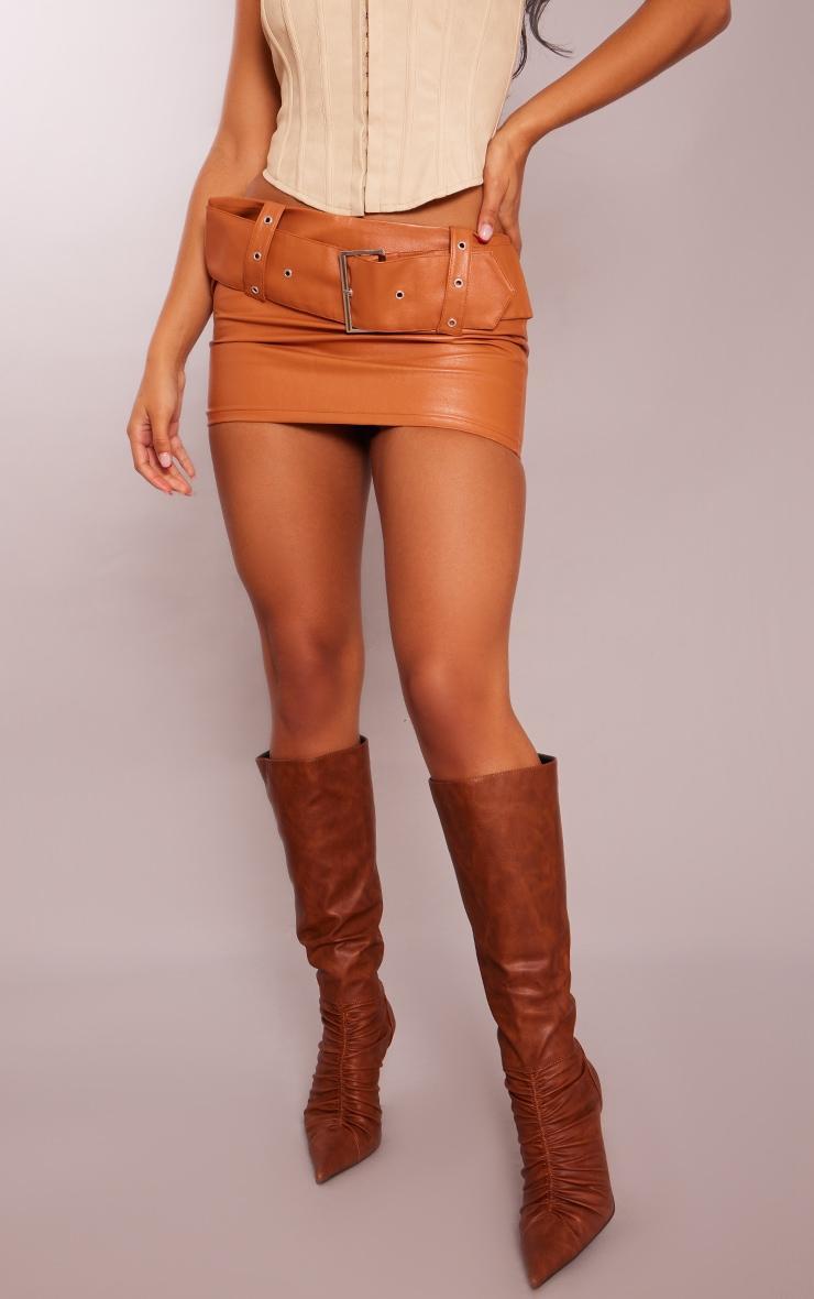 Tan Faux Leather Belted Low Rise Micro Mini Skirt Product Image