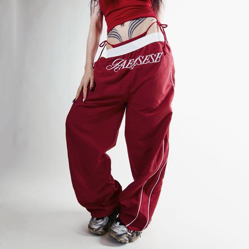 Elastic Waist Lettering Embroidered Striped Wide Leg Track Pants Product Image