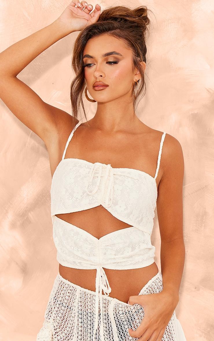 Cream Floral Lace Textured Cut Out Tie Crop Top Product Image