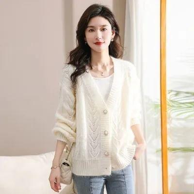 V-Neck Faux Pearl Button Cable-Knit Cardigan Product Image