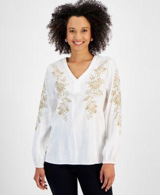 Jm Collection Womens Metallic Embroidered V-Neck Top, Created for Macys Product Image