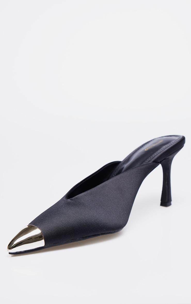 Black Satin Gold Toe Cap Point Toe Heeled Mules Product Image