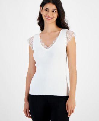 T Tahari Womens Ribbed Lace-Trim Cap-Sleeve Sweater Product Image