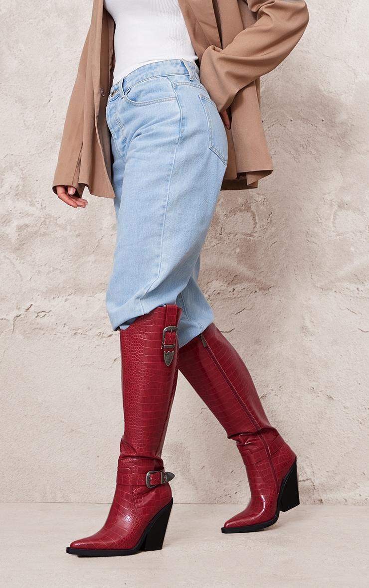 Burgundy Croc PU Point Toe High Block Heel Knee High Western Boots Product Image