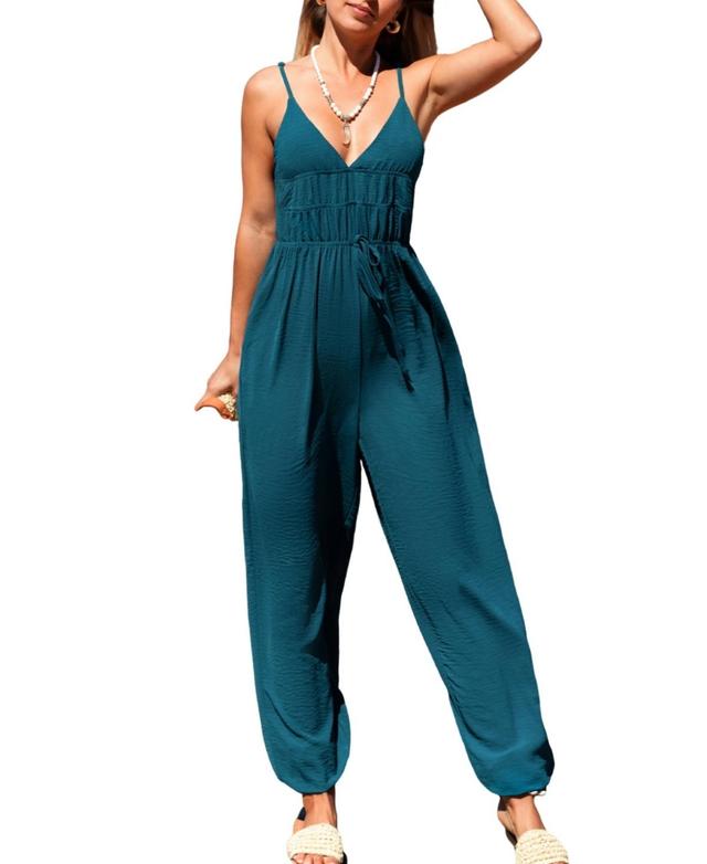 Cupshe Womens Blue V-Neck Lace-Up Tapered Jumpsuit Product Image