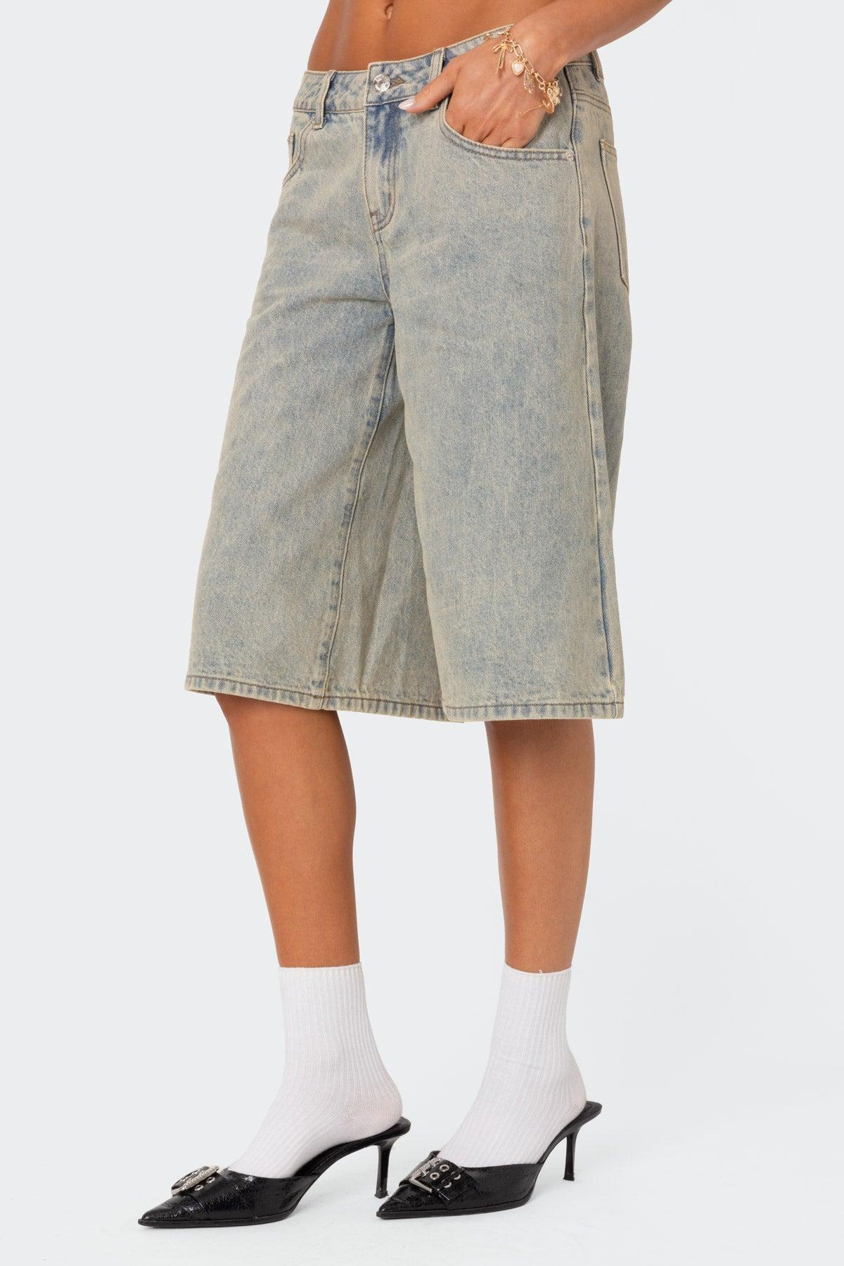 Xtra Long Acid Wash Denim Bermuda Shorts Product Image