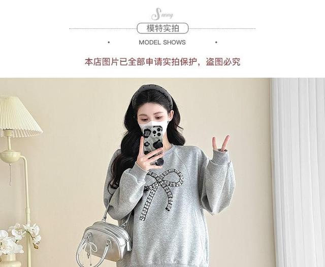 Maternity Round Neck Bow Sequin Pullover / High Waist Dotted Pleated Midi A-Line Skirt Product Image