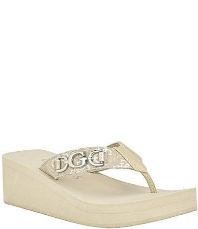 Guess Womens Edany Wedges with Hardware and Fabric Thong Product Image