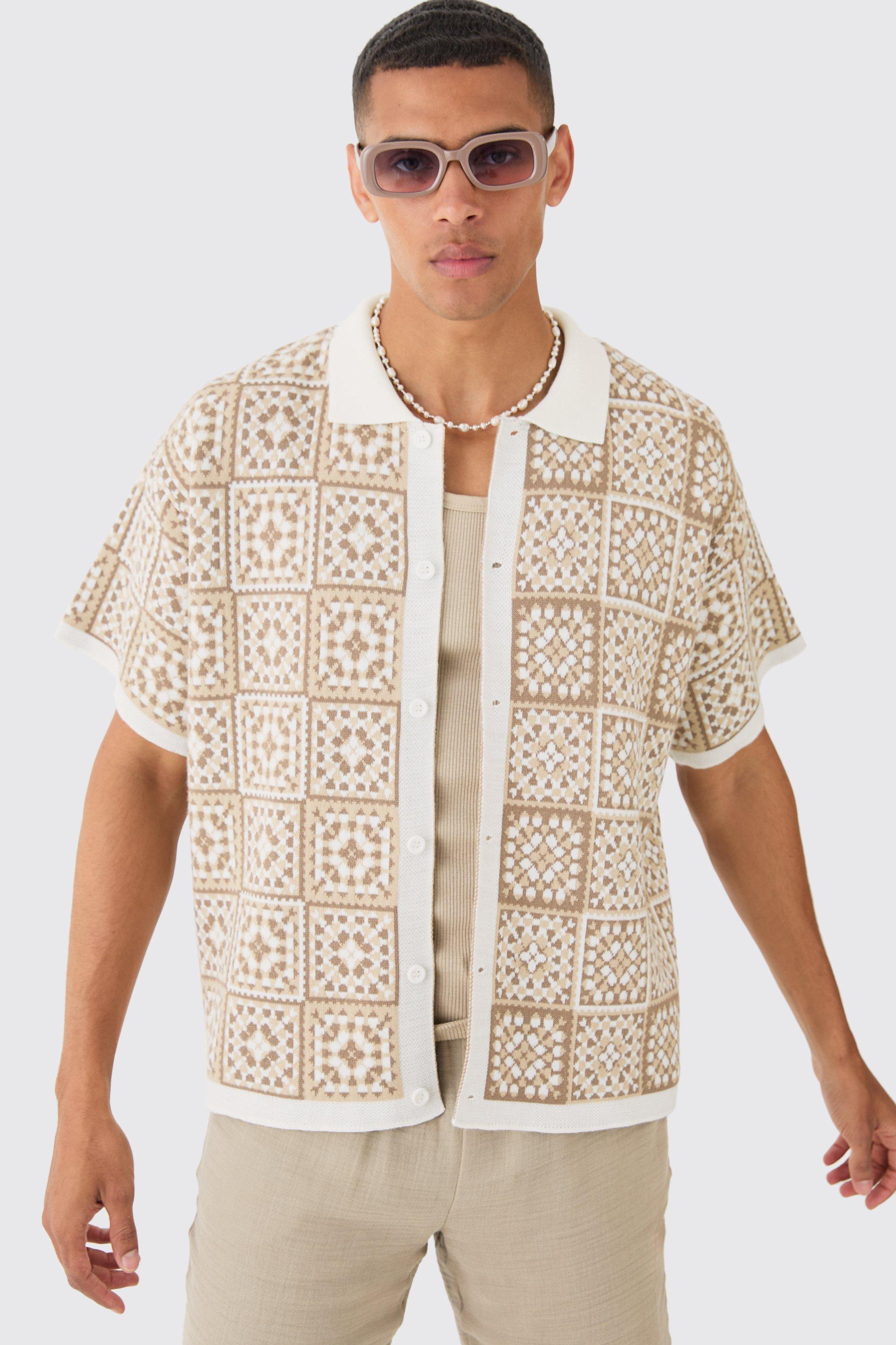 Mens Beige Oversized Boxy Crochet Knitted Shirt, Beige Product Image