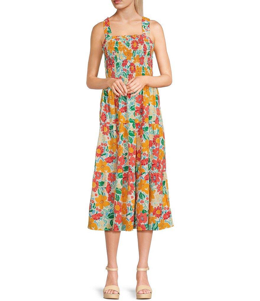 Copper Key Floral Printed Linen Blend Smocked Midi Dress Product Image